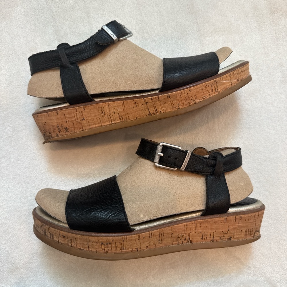Black Leather Cork Wedge Sandals by LUCCA LANE
